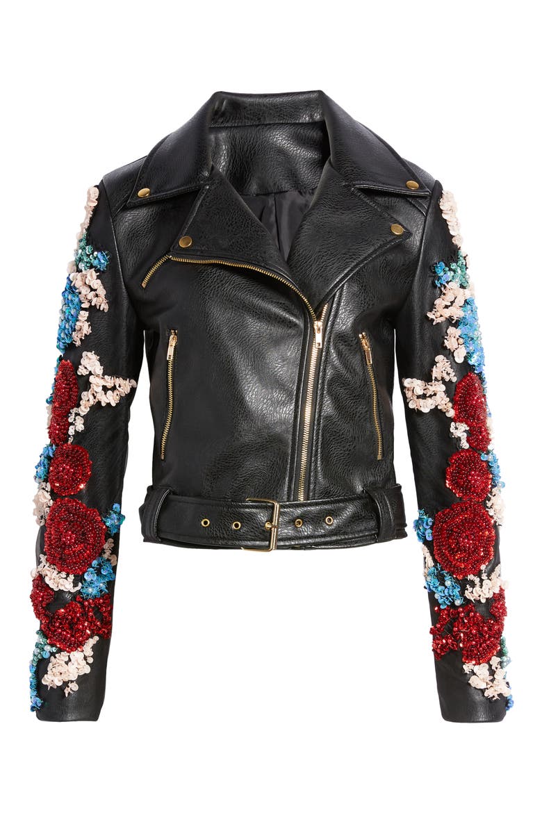 Embellished Floral Belted Faux Leather Moto Jacket, Alternate, color, BLACK