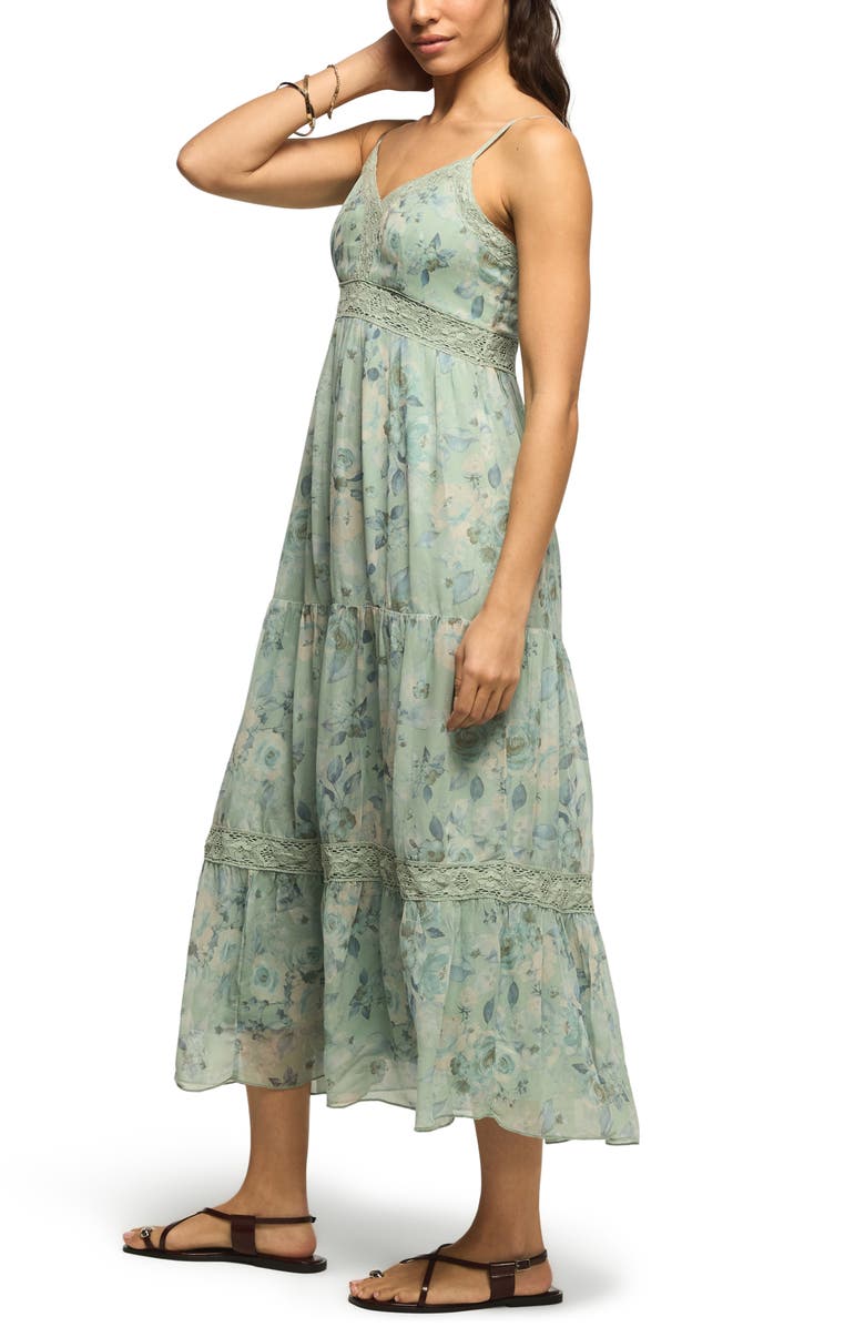 Lucky Brand Floral Print Lace Trim Midi Dress, Alternate, color, Blue Floral