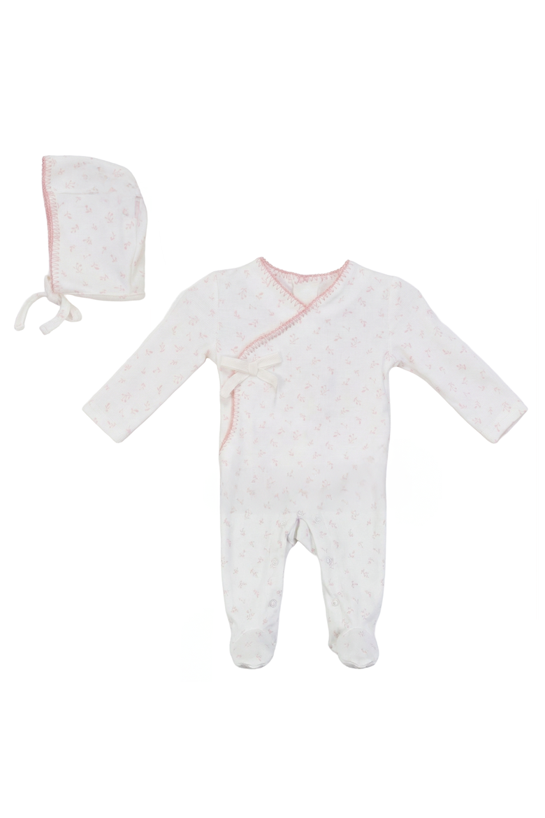 Girl Cherry Rib Faux Wrap Romper with Bonnet, Main, color, Cream/Mauve