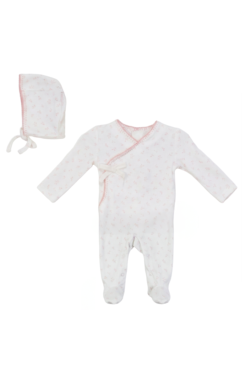 Bebe Bella Girl Cherry Rib Faux Wrap Romper with Bonnet, Main, color, Cream/Mauve