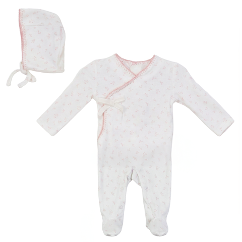 Girl Cherry Rib Faux Wrap Romper with Bonnet (Baby)
