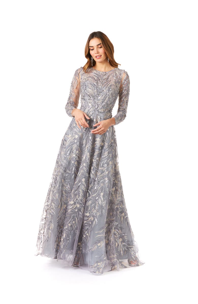 LARA New York High Neck, Long Sleeve Ball Gown, Main, color, Steelblue