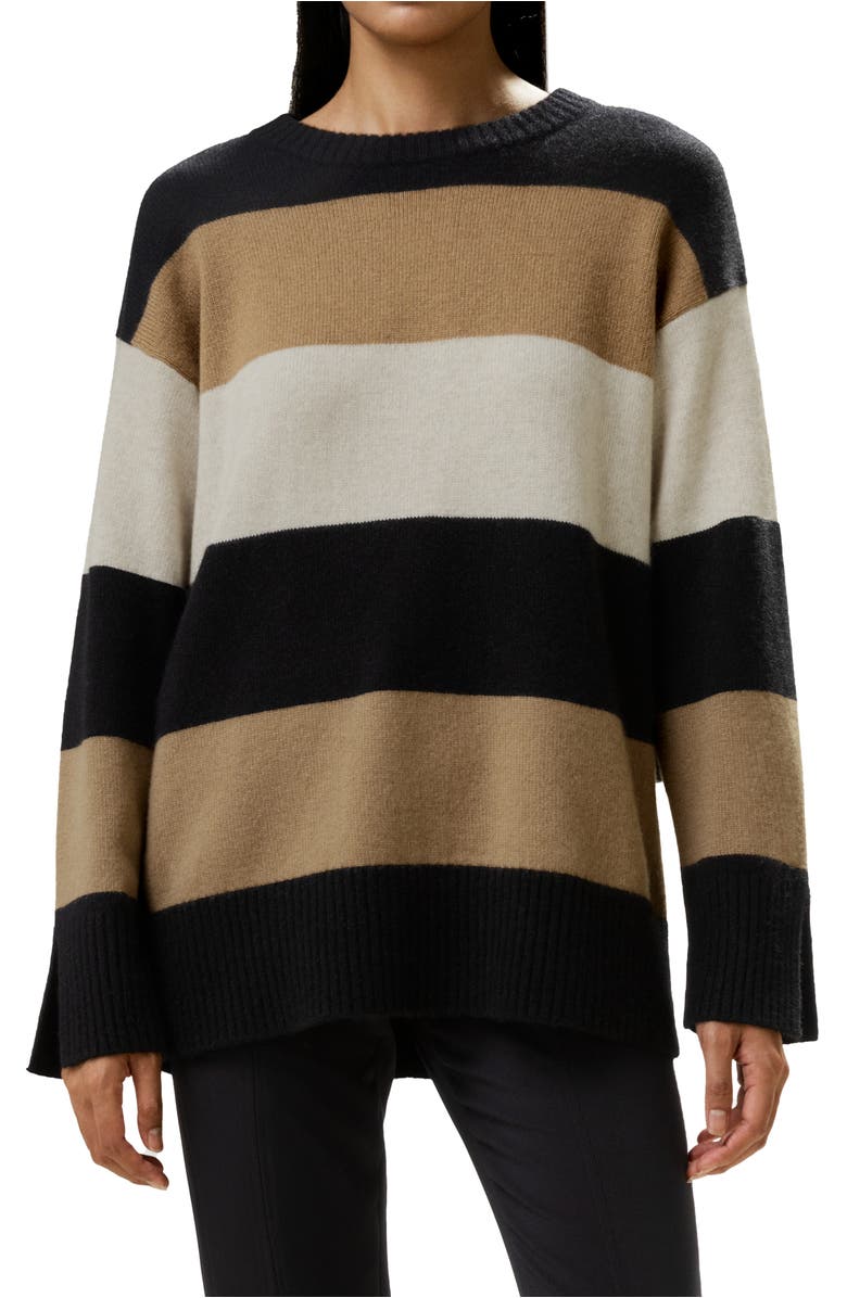 Lilysilk Women's Tri-colored Stripe Cashmere Sweater, Main, color, Black&Camel&Beige