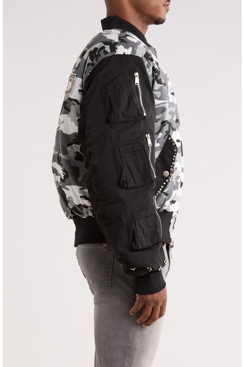 Mixed Media Studded Bomber Jacket, Alternate, color, BLACK/ CAMO