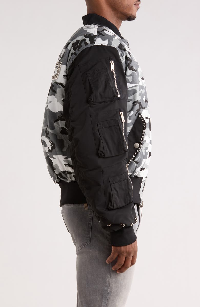 Nothing Grows Overnight Mixed Media Studded Bomber Jacket, Alternate, color, Black/ Camo
