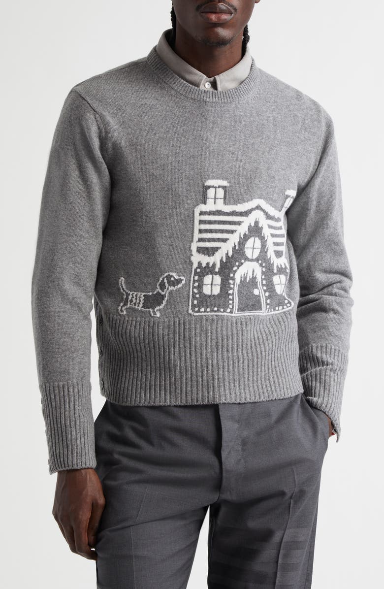 Thom Browne Holiday Scenery Virgin Merino Wool Crewneck Sweater, Main, color, Light Grey