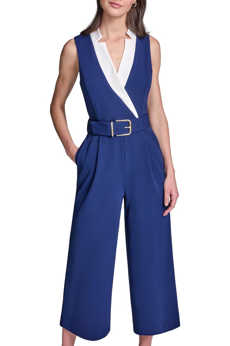 Belted Scuba Crepe Jumpsuit, Alternate, color, MARITIME/ SOFT WHITE