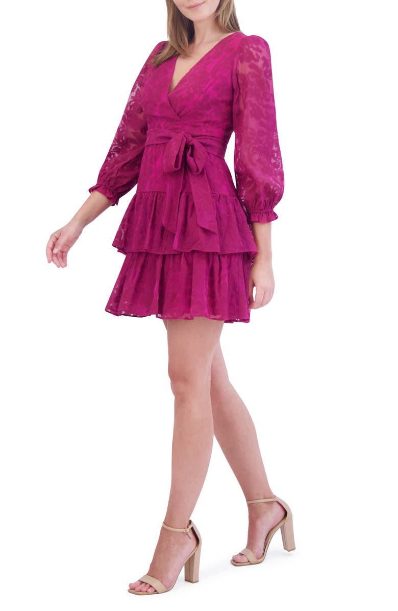 Eliza J Long Sleeve Tiered Faux Wrap Dress, Alternate, color, Berry