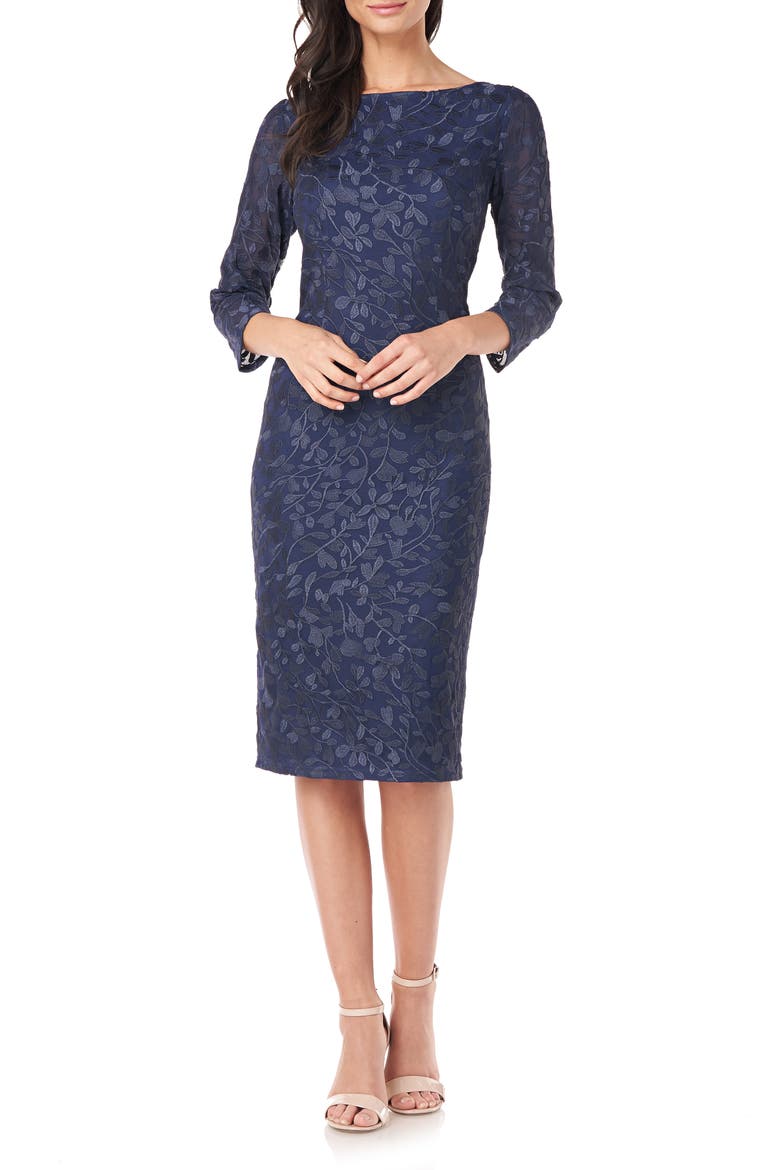 Leaf Embroidered Sheath Cocktail Dress, Main, color, NAVY