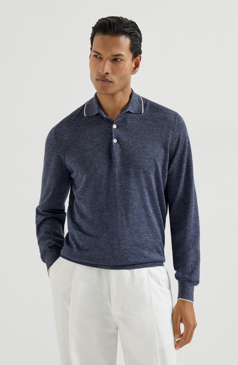 Brunello Cucinelli Lightweight knit Polo, Alternate, color, Avio Blue