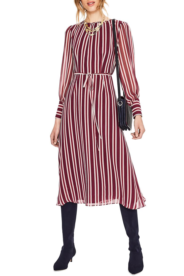Belted Stripe Midi Dress, Main, color, MULLED WINE MILKSHAKE STRIPE
