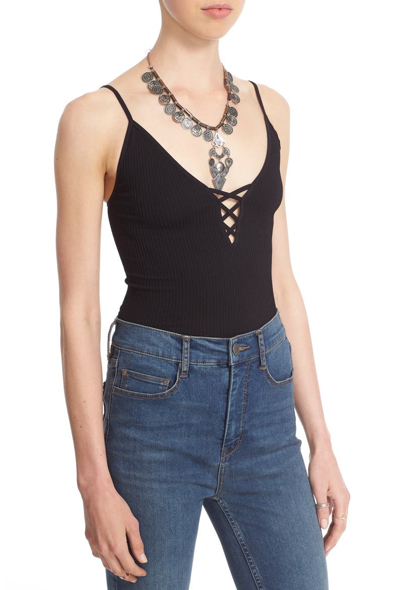 Lace-Up Rib Knit Camisole, Alternate, color, BLACK