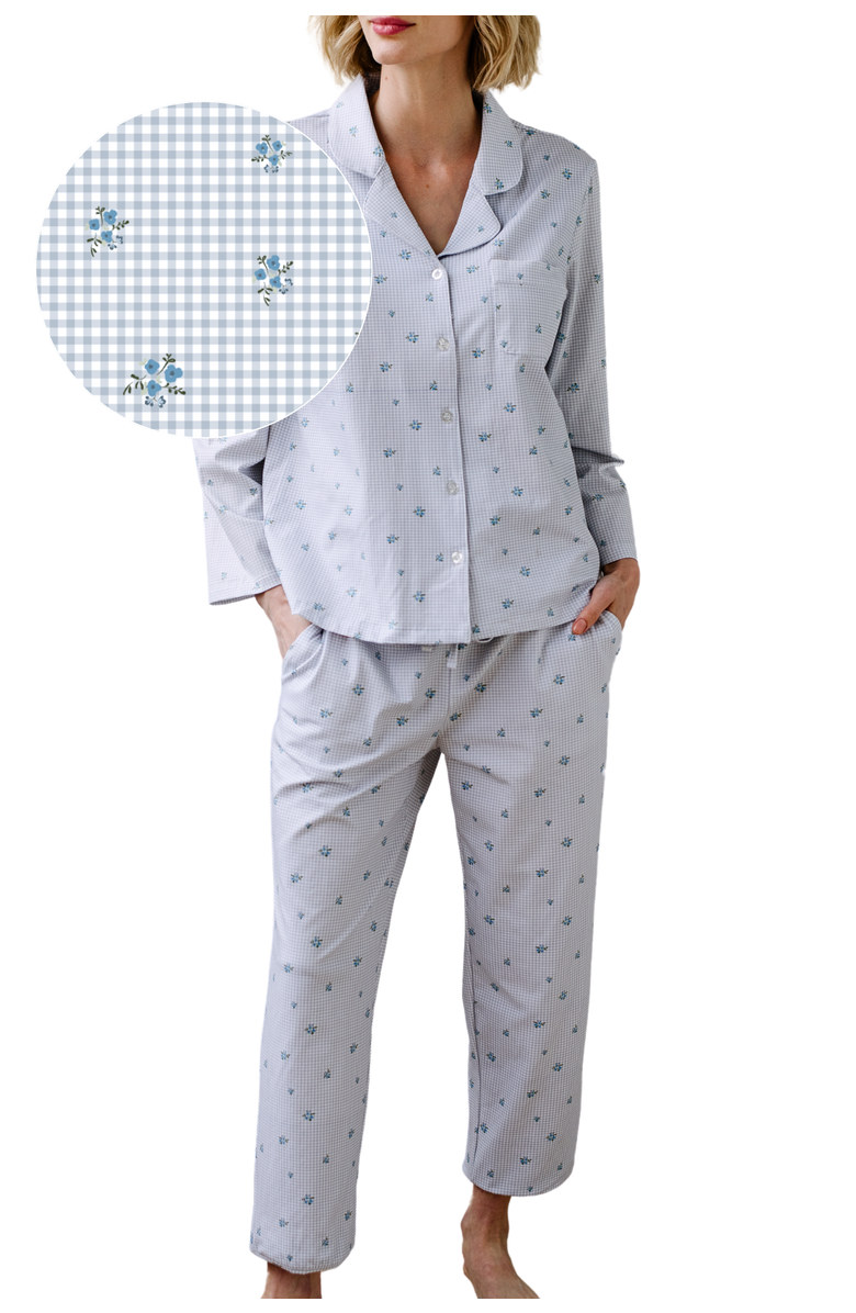 noon Stretch Cotton Long Pajama Set, Main, color, Blue Floral Gingham