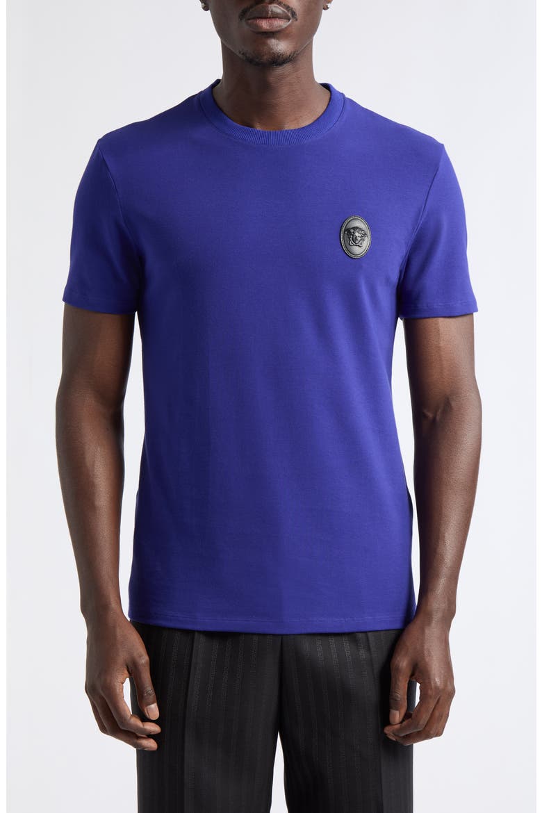 Leather Medusa Patch Stretch Cotton T-Shirt, Main, color, BRIGHT INK BLUE