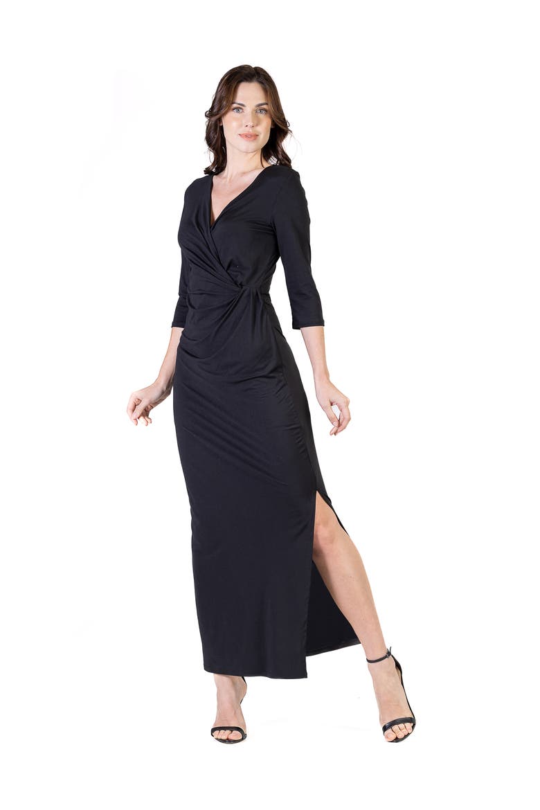 Petite Fitted V Neck Side Slit Maxi Dress, Alternate, color, Black