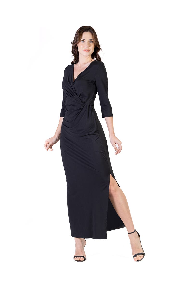24seven Comfort Apparel Petite Fitted V Neck Side Slit Maxi Dress, Alternate, color, Black