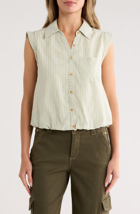 Sleeveless Bubble Hem Button-Up Shirt