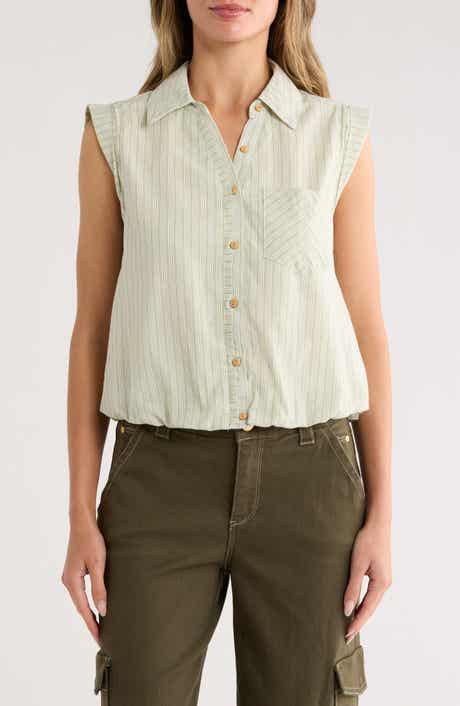 Democracy Sleeveless Bubble Hem Button-Up Shirt