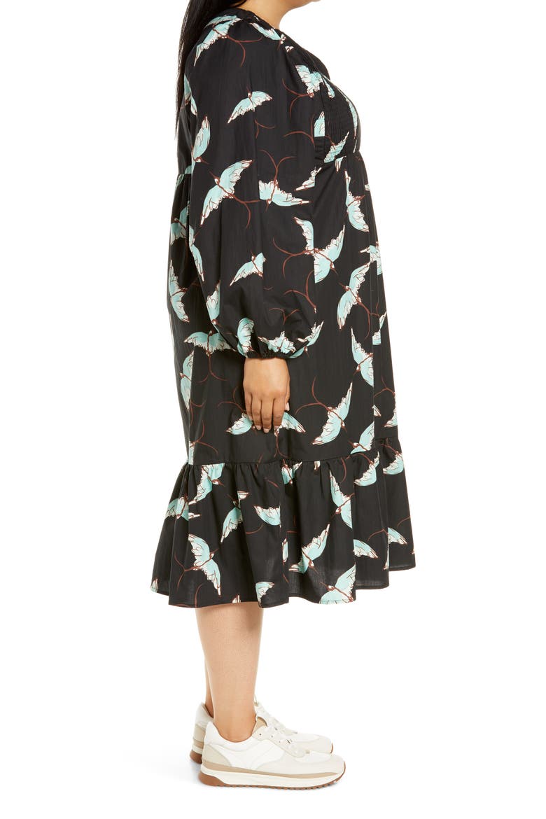 Black Swallows Smocked Long Sleeve Midi Dress, Alternate, color, BLACK