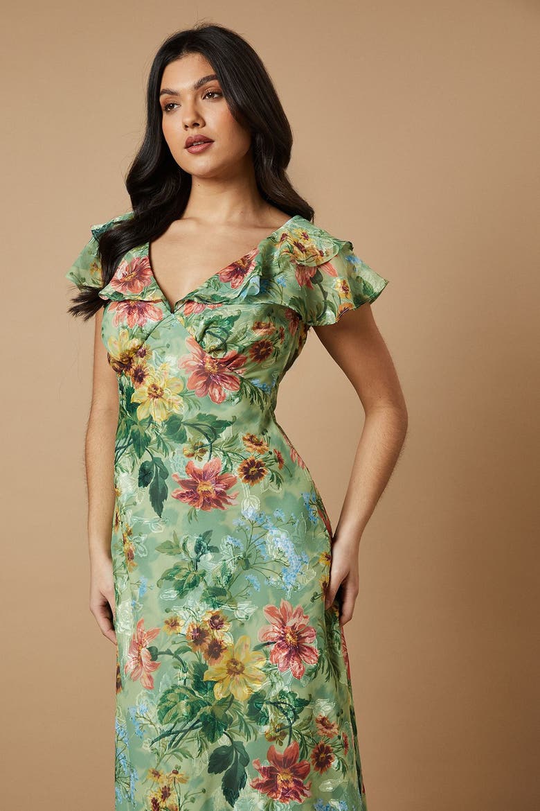Floral Satin Burnout Ruffle Midi Dress, Alternate, color, Sage