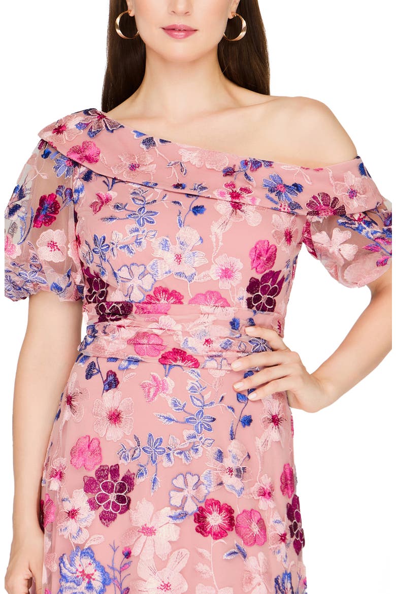 Marigold Embroidered One-Shoulder Puff Sleeve Gown, Alternate, color, ROSE MULTI