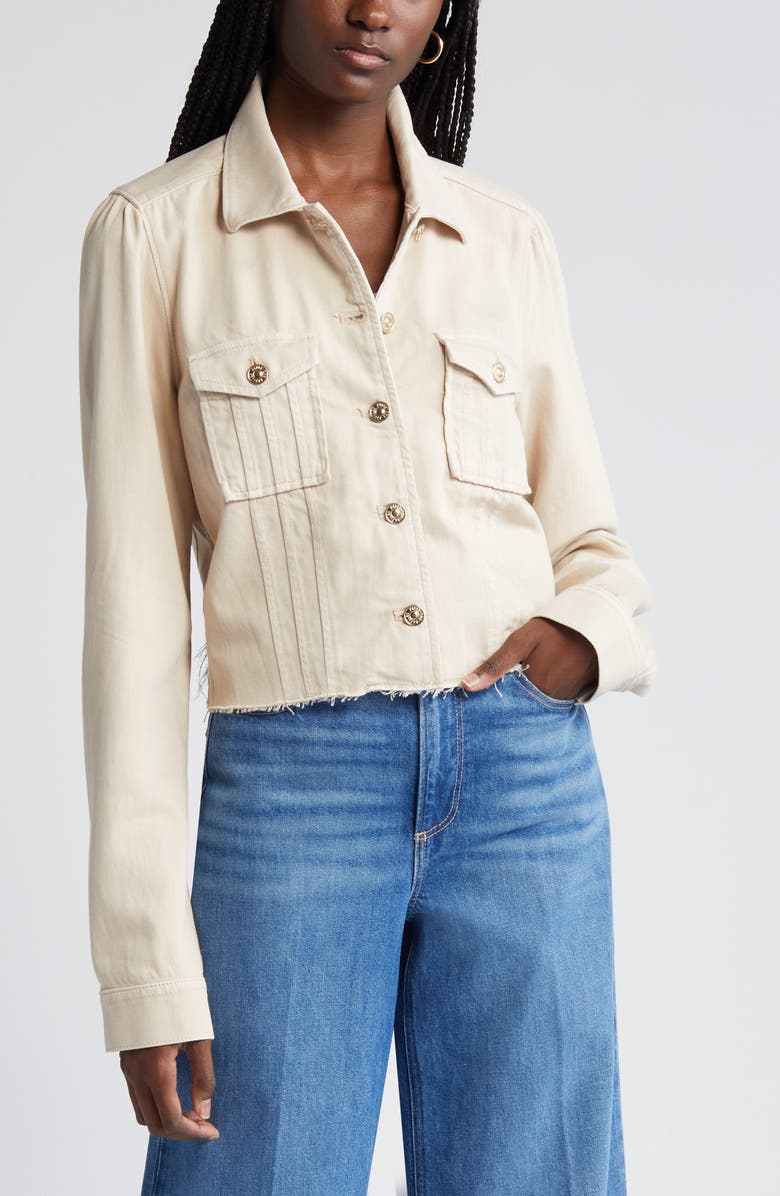 PAIGE Pacey Raw Hem Crop Twill Jacket, Alternate, color, Soft Beige