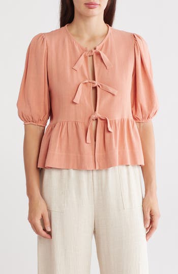 Renee C Tie Front Peplum Top In Coral