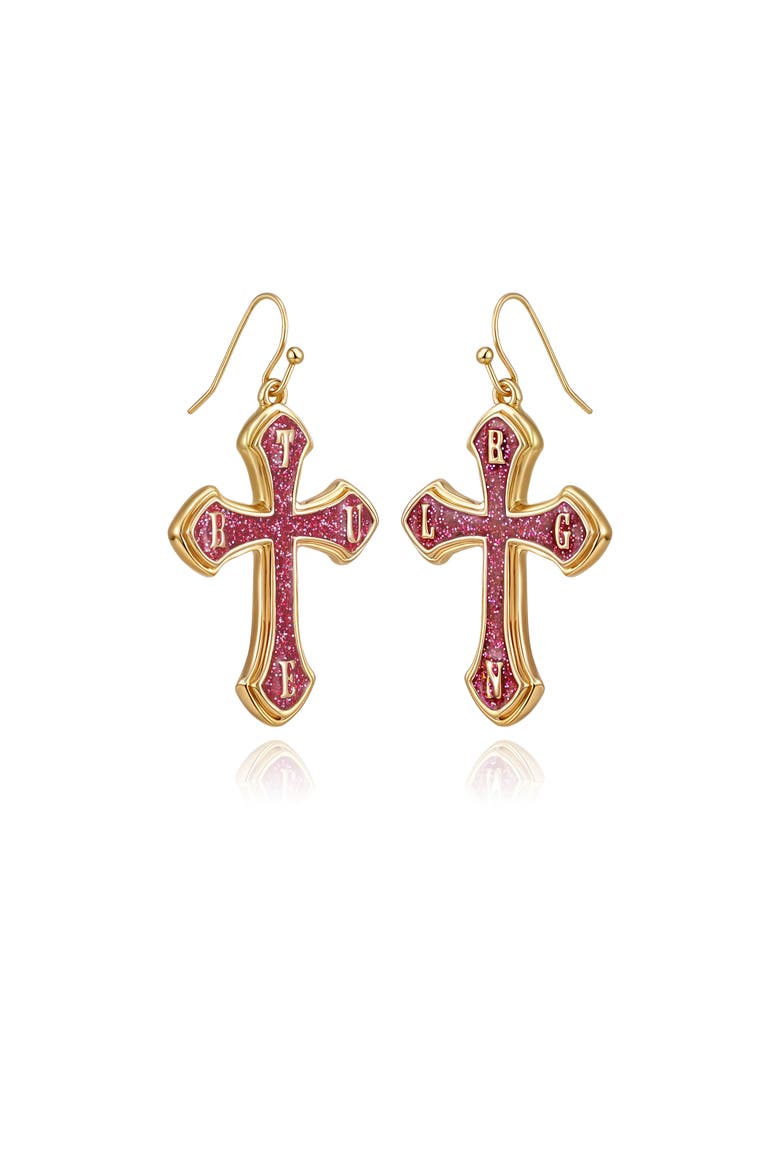 Glitter Cross Drop Earrings, Alternate, color, Gold Tone