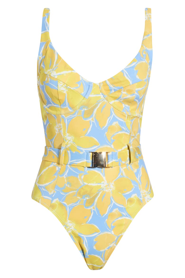 Sally Belted One-Piece Swimsuit, Alternate, color, YELLOW WATERCOLOR GARDENIAS