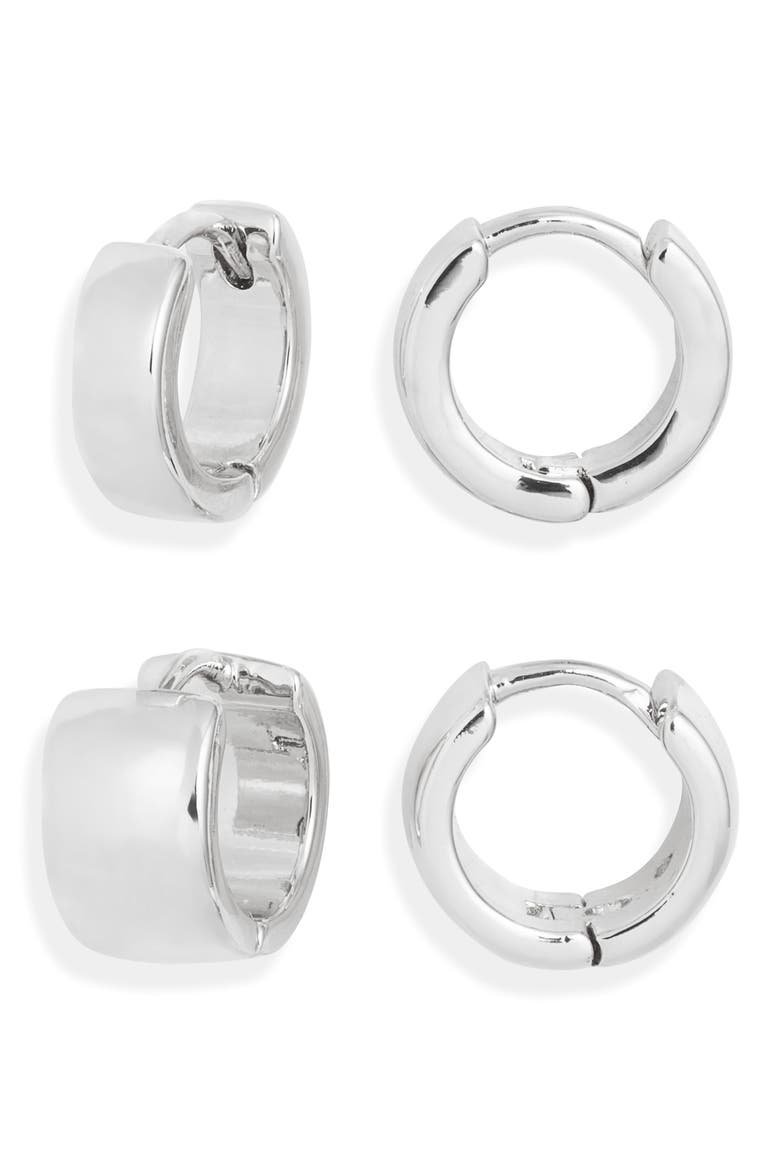 Set of 2 Huggie Hoop Earrings, Main, color, SILVER