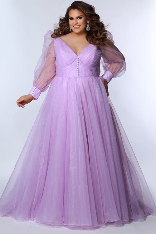 Johnathan Kayne for Sydney's Closet Organza Pouf Sleeve V-Neck Pleated Plus Size Evening Gown in Lilac  product