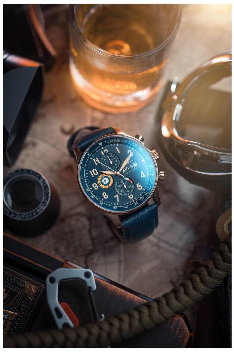 Hawker Hurricane Classic Chronograph Leather Strap Watch, 44mm, Alternate, color, BLUE