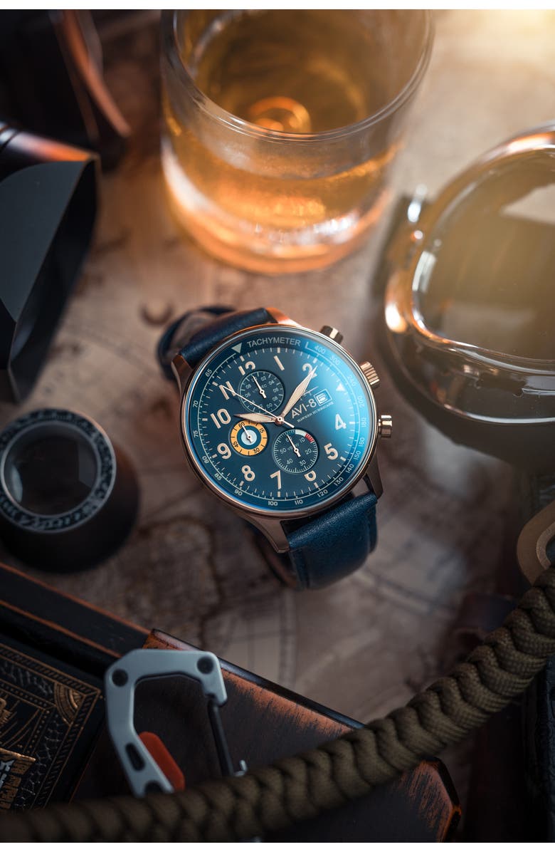 AVI-8 Hawker Hurricane Classic Chronograph Leather Strap Watch, 44mm, Alternate, color, Blue