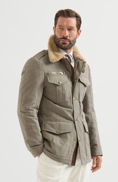 Waxed techno cotton safari jacket with Thermore® padding, nappa leather inserts and shearling collar