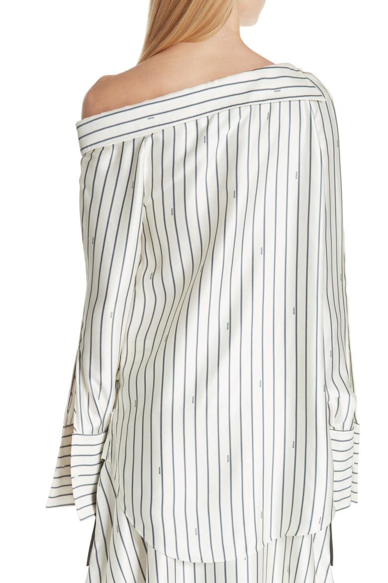 Off the Shoulder Pinstripe Silk Blouse, Alternate, color, IVORY/ NAVY