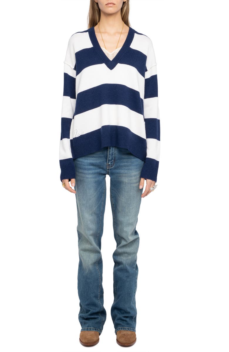 Zadig & Voltaire Wings Stripe Wool & Cashmere Sweater, Alternate, color, Marine