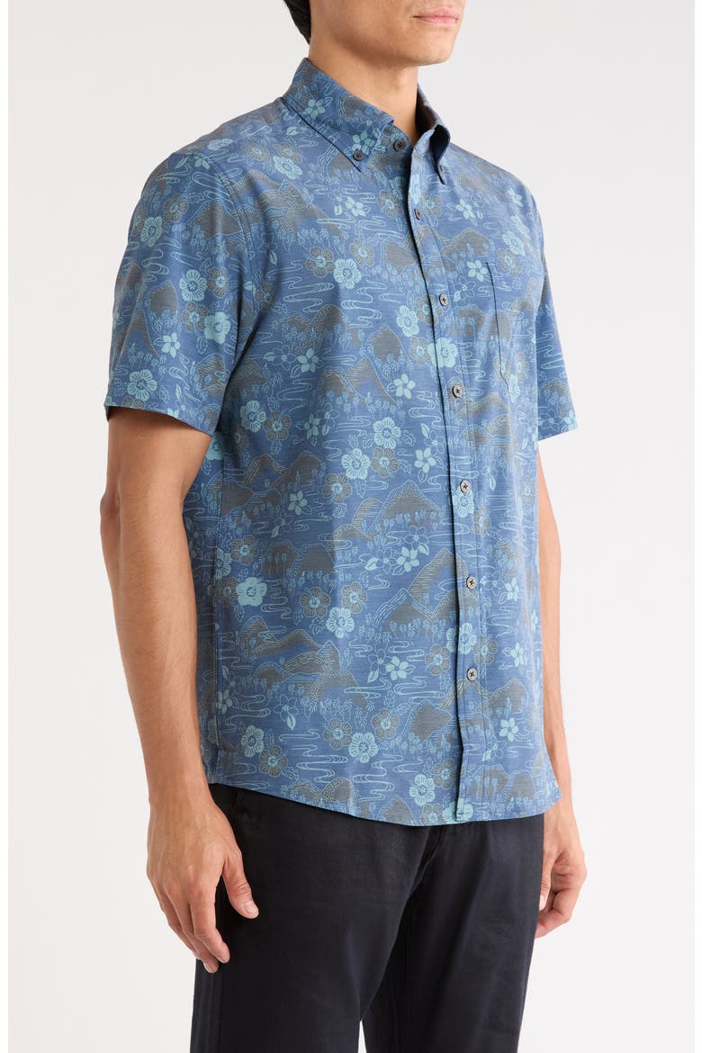 Sakura Fields Floral Short Sleeve Performance Button-Down Shirt, Alternate, color, NAVY