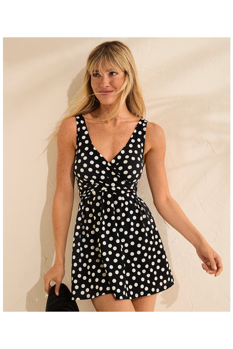 DD-Cup Slender Suit Wrap Swim Dress Swimsuit Print, Alternate, color, Black/Egret White Tossed Dots