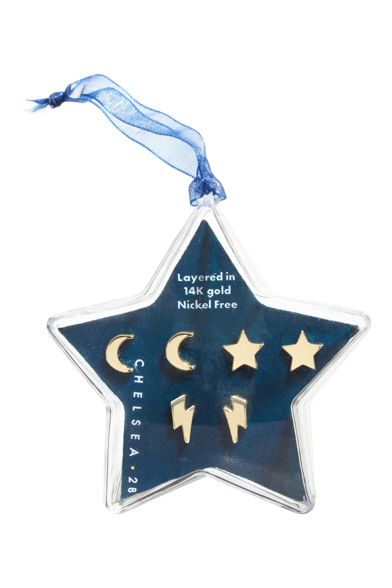 Set of 3 Star, Moon & Lightning Bolt Stud Earrings, Alternate, color, GOLD- CELESTIAL