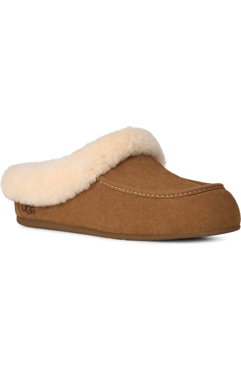 UGG<sup>®</sup> Ansley Genuine Shearling Trim Suede Mule, Main, color, Chestnut