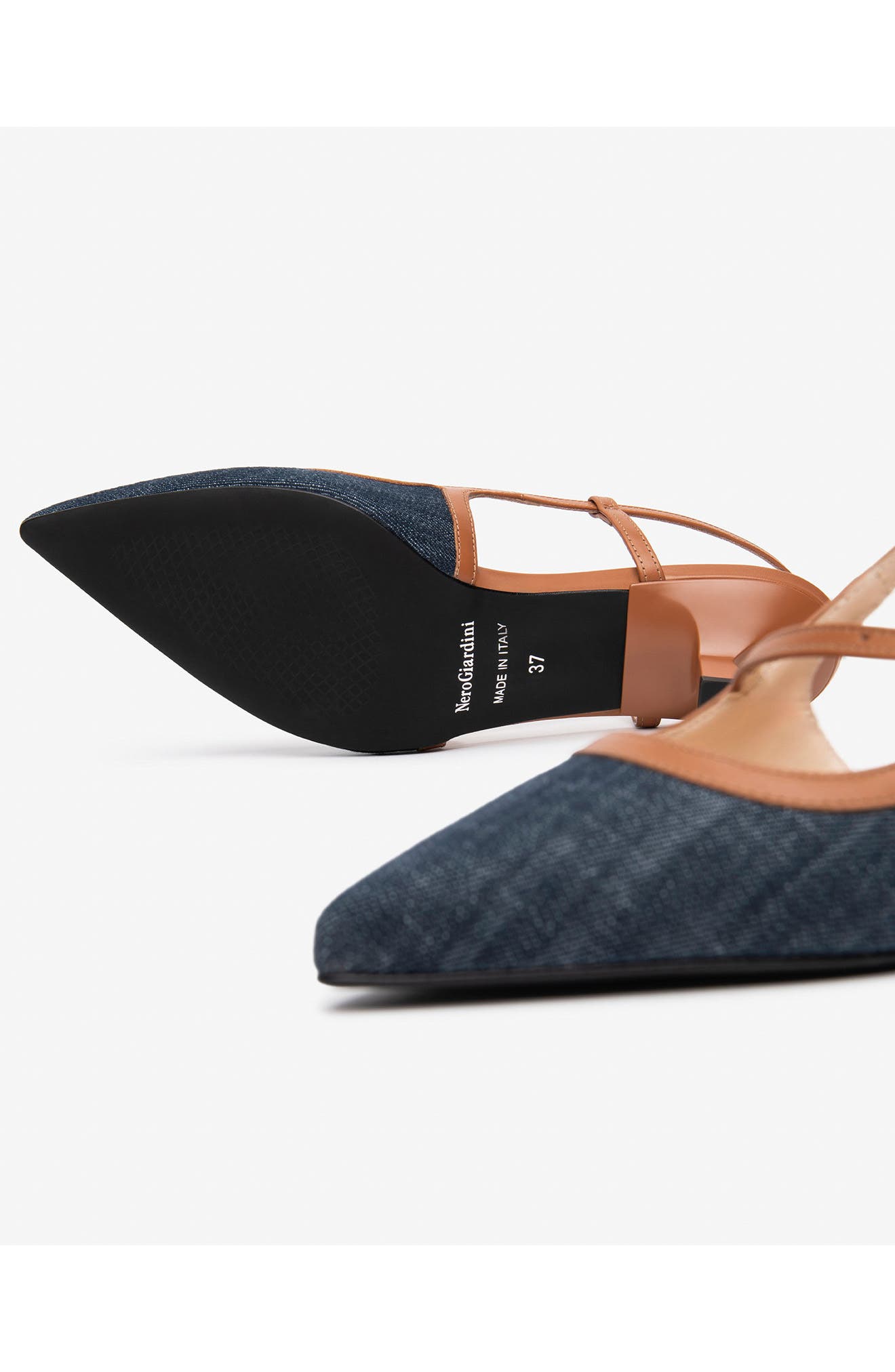 NeroGiardini Slingback Pointed Toe Pump, Alternate, color, Blue Jeans/ Cognac