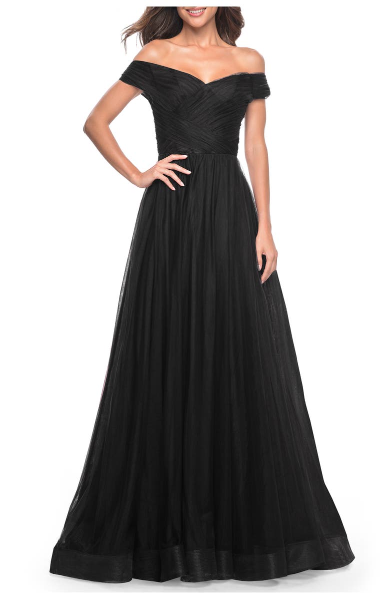 La Femme A-Line Tulle Prom Dress with Off the Shoulder Top, Alternate, color, Black