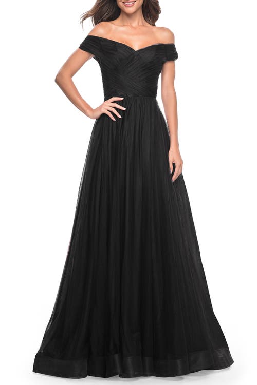 La Femme A-line Tulle Prom Dress With Off The Shoulder Top In Black