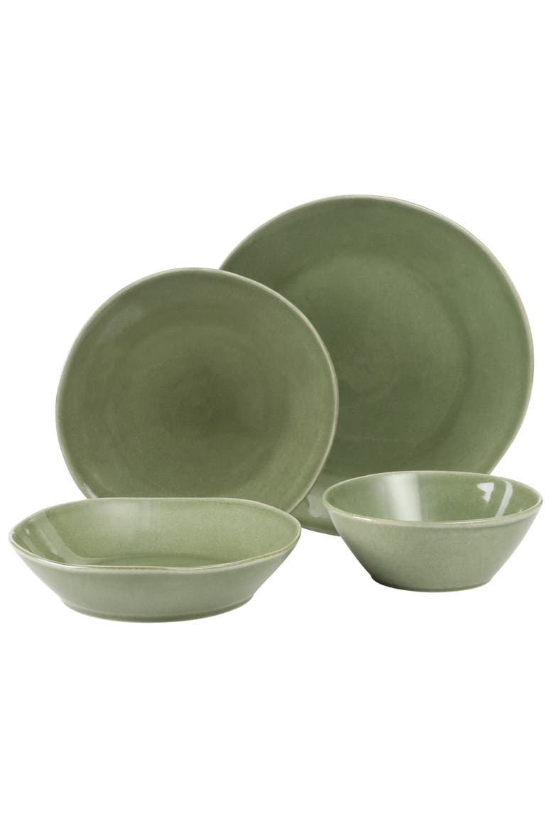 Montecito Breeze 16 Piece Double Plates and Bowls Stoneware Reactive Glaze Dinnerware Set, Alternate, color, Cyprus Green