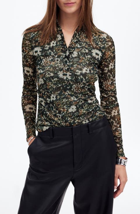 Floral Long Sleeve Mesh Polo Top