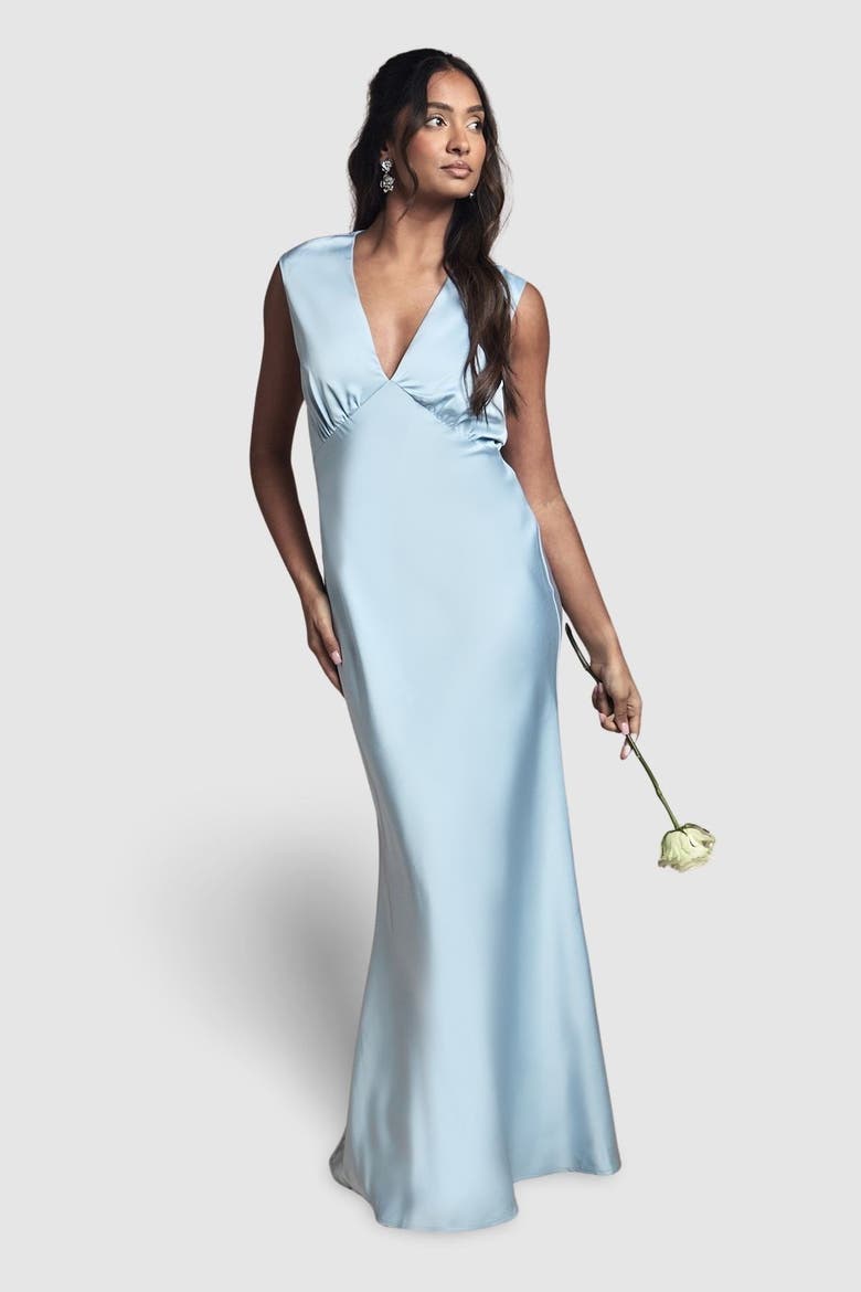 Satin Open Back Maxi Bridesmaid Dress, Main, color, Light Blue