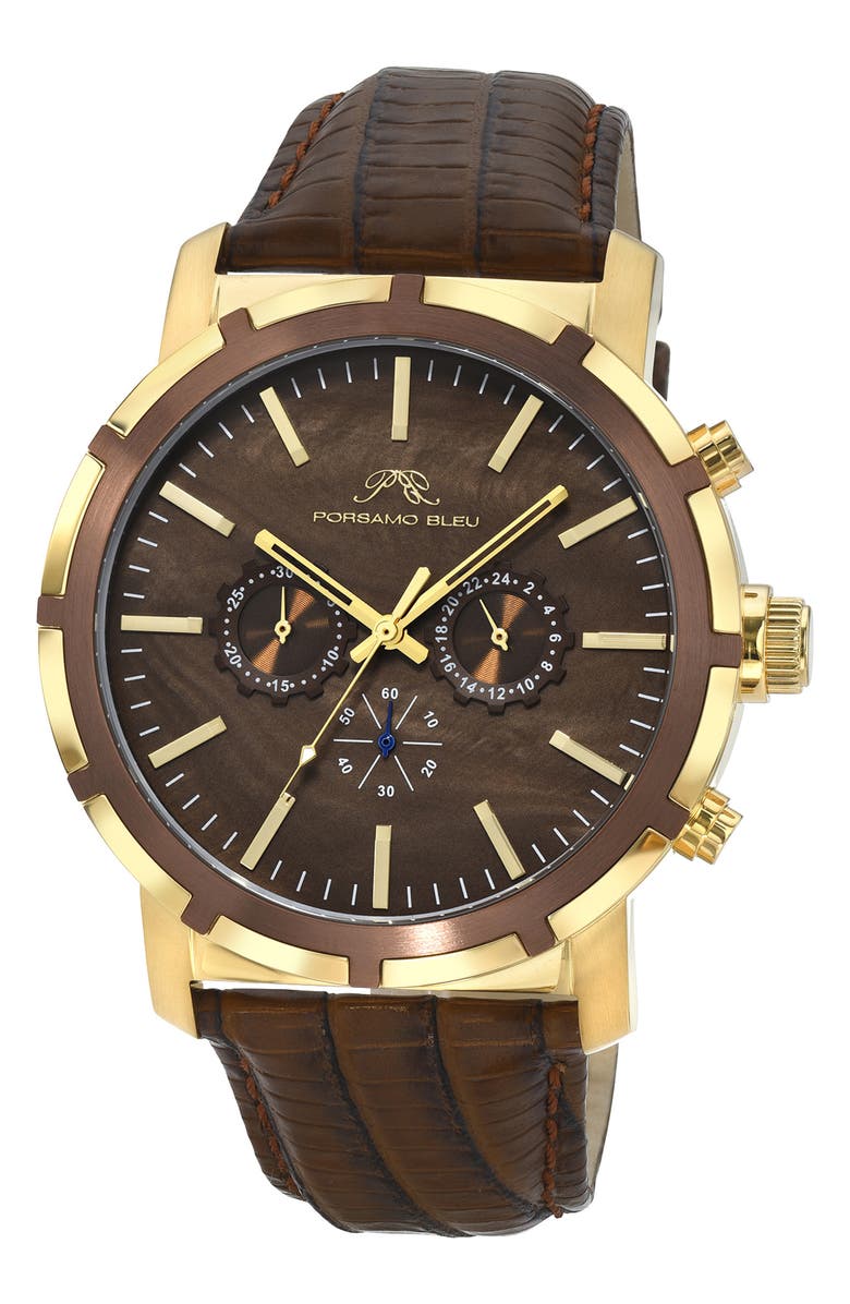 PORSAMO BLEU NYC Chronograph Embossed Leather Strap Watch, 47mm, Main, color, Brown