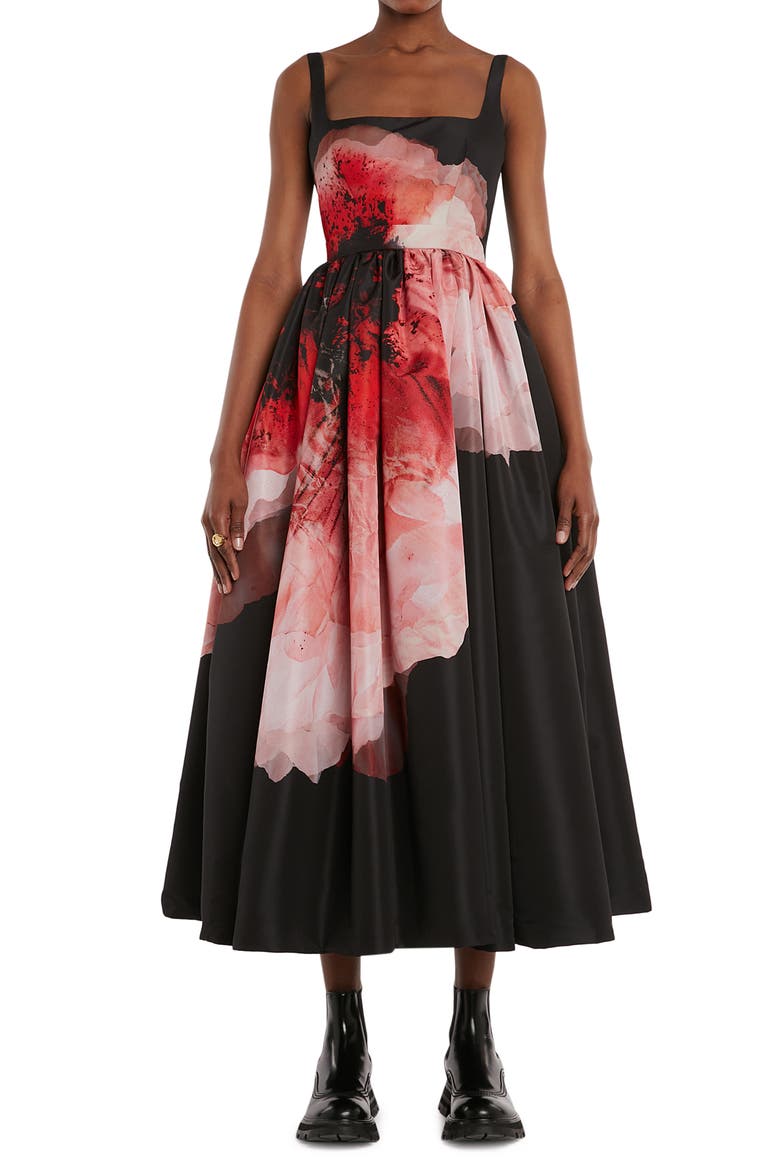 Alexander McQueen Anemone Print Faille Dress, Main, color, RED - ANEMONE