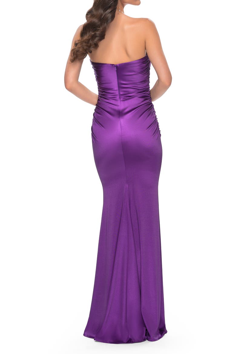 Strapless Stretch Satin Dress with Ruching, Alternate, color, Royal Purple