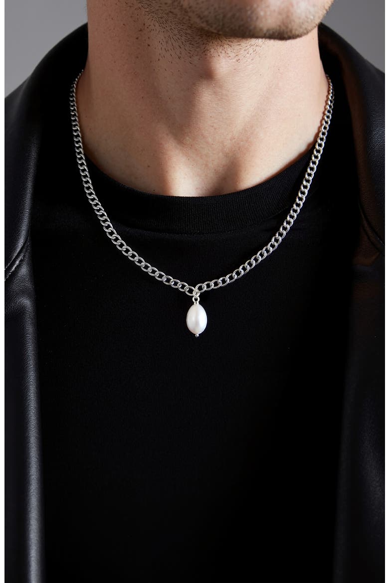 Men's Pearl Charm Chain Necklace, Alternate, color, SILVER